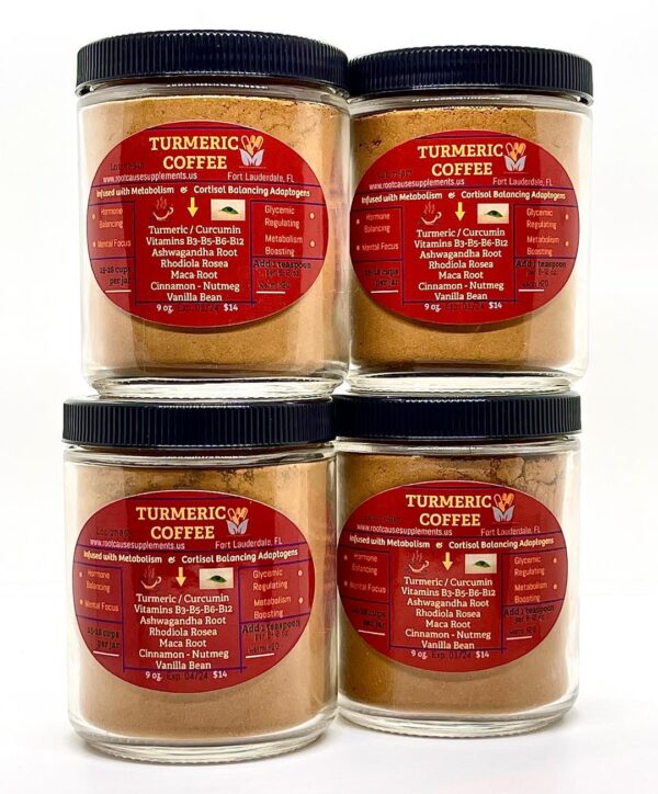 Turmeric Instant COFFEE w/ Maca Root, Rhodiola, Ashwaganda, B Vitamins (3-5-6-12), Cinnamon, Nutmeg & Real Vanilla Bean (4 Jars)