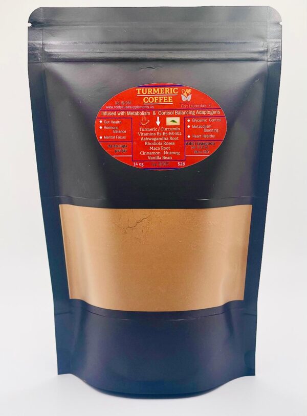 Turmeric Instant COFFEE w/ Maca Root, Rhodiola, Ashwaganda, B Vitamins (3-5-6-12), Cinnamon, Nutmeg & Real Vanilla Bean (1 Bag)